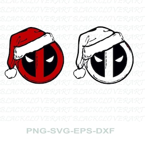 May include: Two versions of a red and black Deadpool logo wearing a Santa hat. The left version is red with black details and the right version is black with white details.