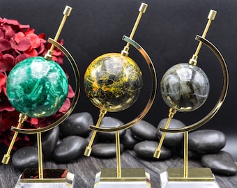 Gold Stand | Brass Caliper Holder | Weighted Acrylic Base | Crystal Spheres 5-55 Mm For Decor