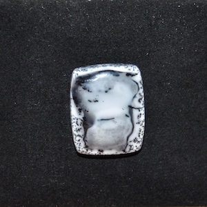 May include: A rectangular dendritic agate gemstone featuring a smooth, polished surface with a milky white base color and intricate, dark black fern-like inclusions that branch out across the stone, creating a natural, high-contrast pattern.