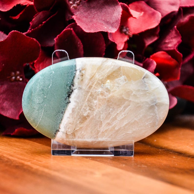 May include: An oval-shaped stone with a teal and cream color scheme, displayed on a clear acrylic stand. The stone has a smooth, polished surface and a natural, marbled appearance. The background features deep red flowers.