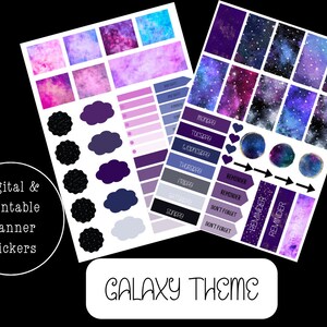 May include: A set of printable galaxy themed planner stickers. The stickers feature a variety of designs, including clouds, stars, and planets. The stickers are perfect for adding a touch of whimsy to your planner.
