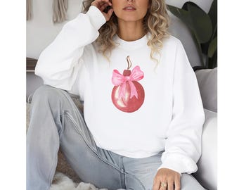 Chic Retro Pink Ornament Sweatshirt with Bow | Stylish Winter Wear for Women | Vintage Christmas Sweater