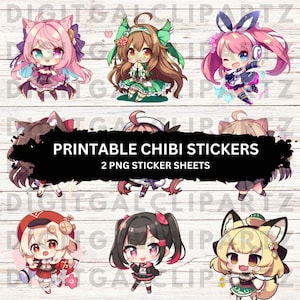 Leuke Chibi Anime Girls Afdrukbare Stickers PNG Download Digitale Ontwerpen Print en Knip - 0211