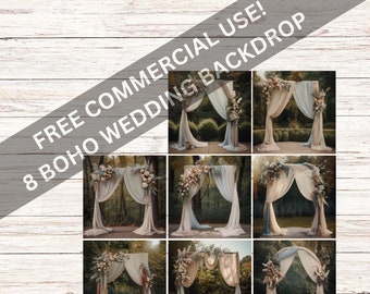 May include: Eight digital backdrops featuring a boho wedding arch with floral arrangements and flowing fabric in shades of beige, blue, and green. The backdrops are set against a blurred background of a forest.