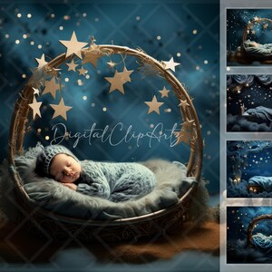 May include: A newborn baby sleeping in a blue knitted onesie inside a brown wicker crescent moon cradle decorated with gold stars. The background is a dark blue with gold glitter and white clouds.