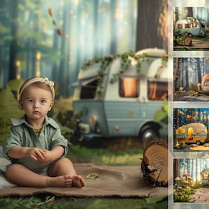 May include: A baby girl wearing a light blue shirt and a headband sits on a brown rug in a forest setting. A vintage camper van is parked in the background. The scene is whimsical and magical, with a rustic feel.