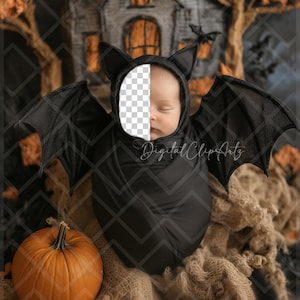 Fondo digital de bebé recién nacido con murciélago de Halloween, inserción de cara, fondo de fotografía digital, composición digital, Photoshop para agregar foto de cara - 8123