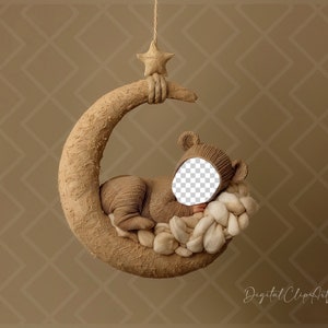 May include: A brown crescent moon-shaped prop with a star on top, a baby wearing a brown knitted outfit is sleeping on the moon, the baby's face is obscured by a white knitted hat with a hole for the face.