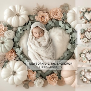 May include: A digital backdrop featuring a newborn baby swaddled in white fabric, lying in a heart-shaped nest of greenery and faux pumpkins. The backdrop is decorated with peach and white flowers, and the text "NEWBORN DIGITAL BACKDROP 04 DIGITAL BACKDROPS" is displayed at the bottom.