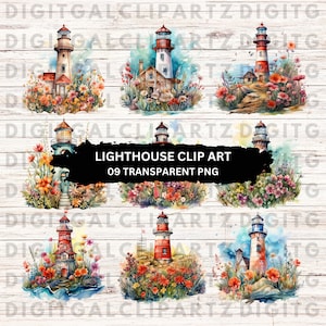 Watercolor light house Clip Art- 09 Transparent PNG files-Digital Download -  Waterfront Clip Art - 1278