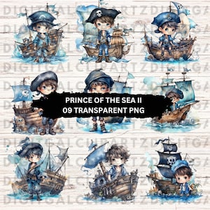 Aquarelle Prince de la mer Clip Art-09 fichiers PNG Transparent-téléchargement numérique-garçon bateau Pirate Clip Art numérique dessin animé mer océan 1144