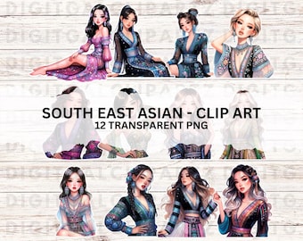 South East Asians - 12 Transparent PNG files Digital Download Queens Hmong Lao Asian Thai Cartoon Characters - 1323