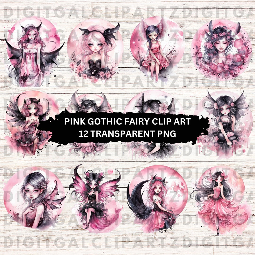 Watercolor Pink Gothic Fairy Clip Art II- 12 Transparent PNG Files ...