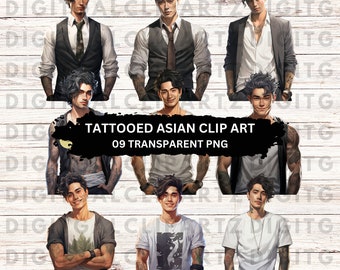Tattooed Asian Man Clip Art - 09 Transparent PNG files - Digital Download - Asian Men Clip Art Digital Sticker Planner Stickers - 1254