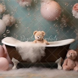 May include: A white bathtub with a brown exterior is filled with white foam and a brown teddy bear. The bathtub is surrounded by pink and white balloons, fluffy white pom-poms, and a light blue background with a diamond pattern.