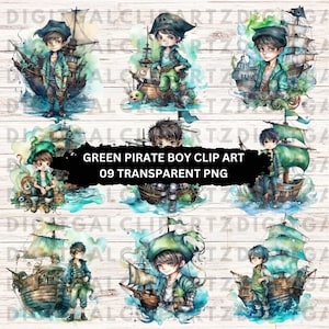 Aquarelle vert Pirate garçon Clip Art-09 fichiers PNG Transparent-téléchargement numérique-garçon bateau Pirate Clip Art numérique dessin animé mer océan 1143
