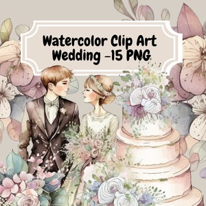 ClipArt di nozze ad acquerello PNG - 15 file PNG trasparenti - Download digitale - Coppia, matrimonio, chiesa, clip art floreale