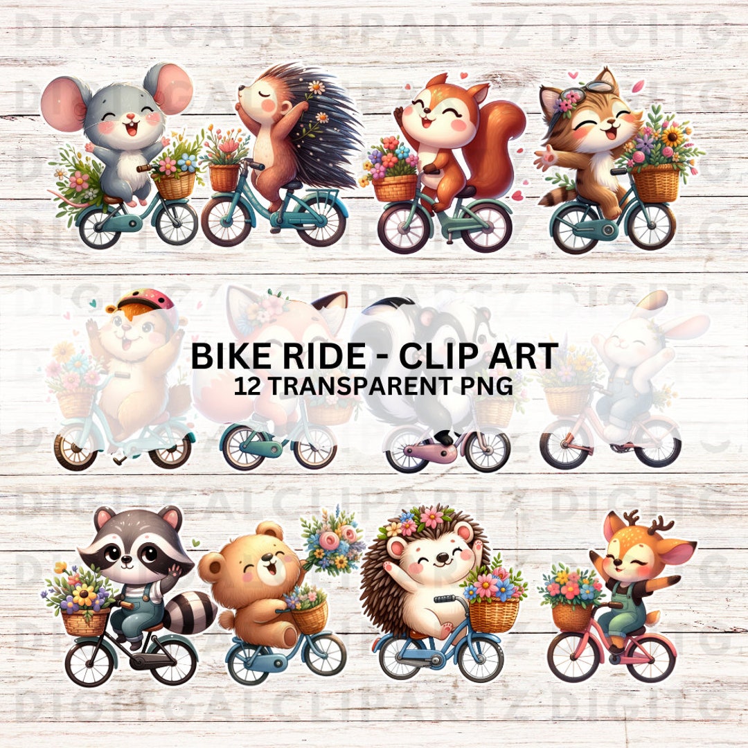Bike Ride Little Woodland Animals - 12 Transparent PNG Files Digital ...