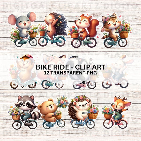 Bike Ride Little Woodland Animals - 12 Transparent PNG files Digital Download Cute Forest animals Furry Friends Flower Basket Sticker - 1302