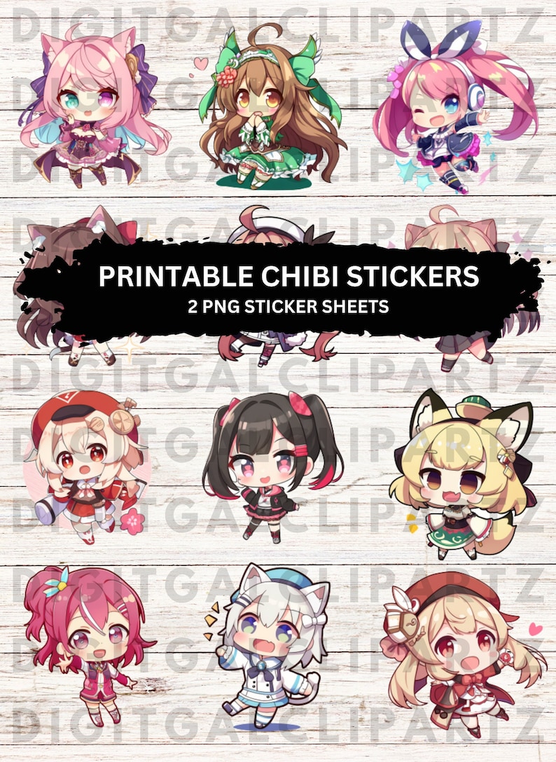 Cute Chibi Anime Girls Printable Stickers PNG Download Digital Designs ...