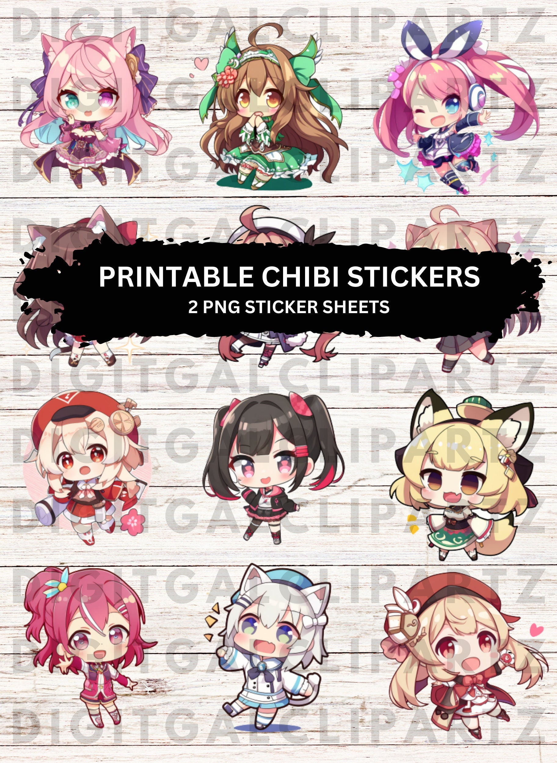 Cute Chibi Anime Girls Printable Stickers PNG Download Digital Designs