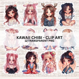 Kawaii Chibi Girls - 12 Transparente PNG Dateien Digitaler Download Süsse Galaxy Augen Puppen Aufkleber Clip Art Chibi Girls - 1296