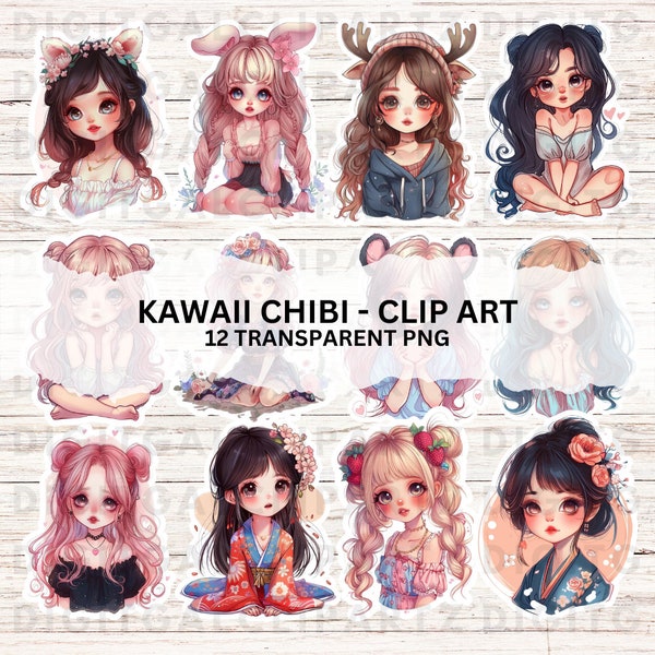 Kawaii Chibi Girls - 12 Transparent PNG files Digital Download Cute Galaxy Eyes Dolls Stickers Clip Art Chibi Girls  - 1296
