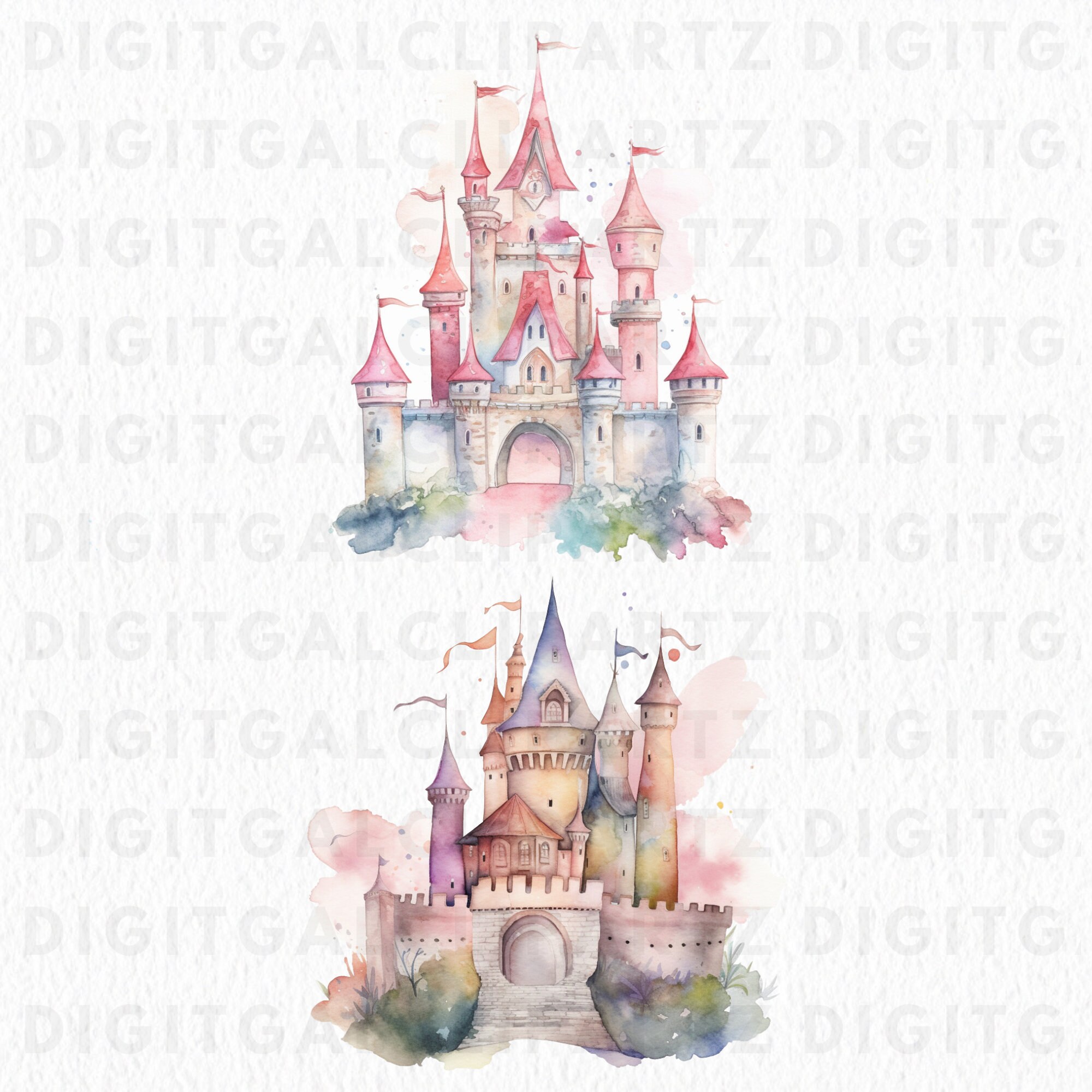 Watercolor Princess Castle II Clip Art- 06 Transparent PNG Files ...