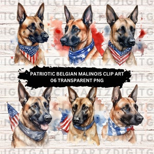May include: Six digital clip art images of Belgian Malinois dogs wearing patriotic bandanas. The dogs are depicted in a watercolour style against a woodgrain background.