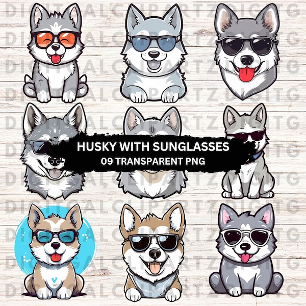 Husky in Sunglasses Clip Art- 09 Transparent PNG files - Digital Download -  Cute Husky Sticker Designs Clip Art Designs - 1229