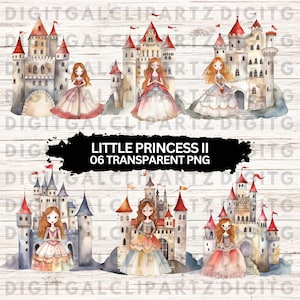 Watercolor Little Princess II Clip Art- 06 Transparent PNG files - Digital Download - Little Princess Red Hair Irish Princess Castle - 1172