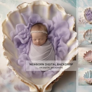 May include: A newborn baby is sleeping in a large white seashell with a purple fabric inside. The baby is wrapped in a white blanket and has a headband on. The image is a digital backdrop for newborn photography.