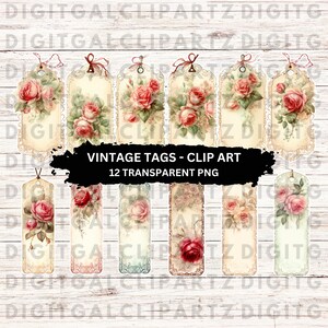 Vintage Chic Tags Clip Art - 12 Transparante PNG-bestanden-Digitale Download - Journal Sticker Digital Planner Clip Art Afdrukbare Tags - 1269