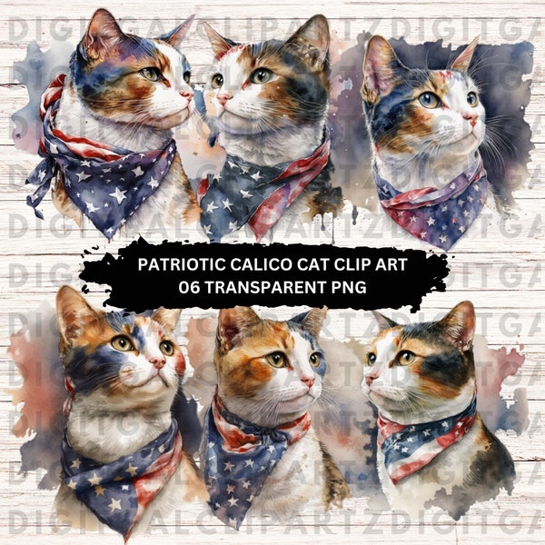 Watercolor Patriotic Calico Cat Clip Art- 06 Transparent PNG files - Digital Download -  Patriotic Calico Cat - 1113