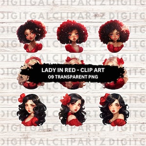 Lady in Red Clip Art - 09 Transparent PNG files Digital Download Kitsch Aesthetic Red Shirt Red Dress Dreamy Girl - 1289
