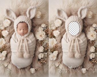 Bunny Newborn Digital Backdrop, Face Insert, Digital Photography Backdrop, Digital Composite, Photoshop Add Face Photo Rabbit Easter - 8108