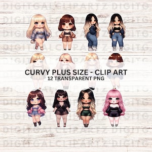 Op de afbeelding: Twaalf digitale illustraties van curvy plus size vrouwen in verschillende poses en outfits. De vrouwen dragen casual kleding, waaronder jeans, shorts en jurken. De illustraties zijn in cartoon stijl en hebben een schattige en speelse esthetiek.