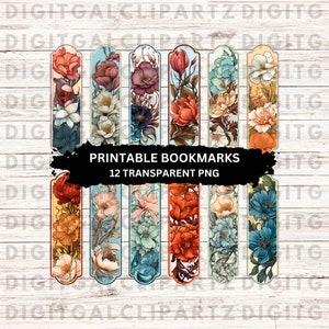 Afdrukbare bladwijzers - 12 transparante PNG-bestanden-digitale download - Floral Page Dividers Vintage Colors Bookmarks Print and Cut - 1268