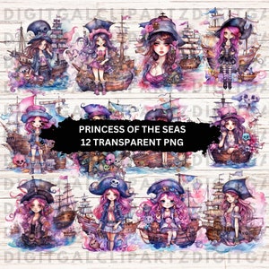Watercolor Princess of the Seas Clip Art - 12 Transparent PNG files-Digital Download -  Pirate Girl Pastel Princess Pirate ship- 1142