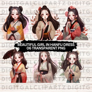 Beautiful Girl in Hanfu Dress Clip Art- 06 Transparent PNG files - Digital Download - Chinese Traditional Dress Clip Art- 1156