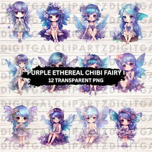 Lila ätherische Chibi Fee I Clip Art - 12 transparente PNG-Dateien-digitaler Download - niedliche Anime Chibi Kawaii Fee Feen lila - 1159