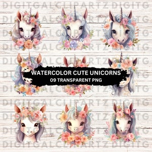 Watercolor Cute Unicorns - 09 Transparent PNG files - Digital Download - Graphics Download - Little Unicorns with flowers- 1228
