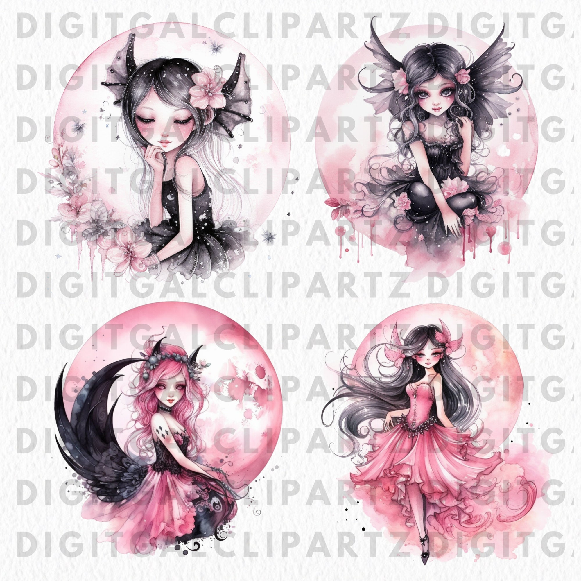 Watercolor Pink Gothic Fairy Clip Art II- 12 Transparent PNG Files ...
