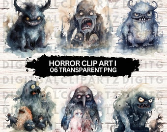 May include: Six watercolor illustrations of various monsters. Each monster is depicted in a different pose and expression. The illustrations are set against a white background with a wooden texture.