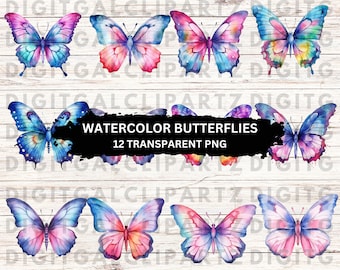 Mariposas de acuarela - 12 archivos PNG transparentes-Descarga digital - Journal Sticker Planner Stickers Clip Art Digital Clip Art - 1241