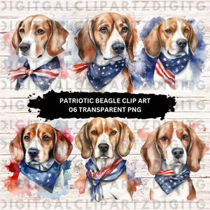 Watercolor Beagle Clip Art- 06 Transparent PNG files - Digital Download -  Patriotic Beagle Cute Beagle Illustration - 1189