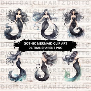 Aquarell Gothic Meerjungfrau Clip Art - 06 Transparente PNG-Dateien - Digitaler Download - Schwarze Meerjungfrau Illustration - 1208