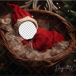 May include: A baby wearing a red knitted Santa hat and a red sweater is sleeping in a wicker basket lined with faux fur. The basket is surrounded by Christmas lights and greenery.