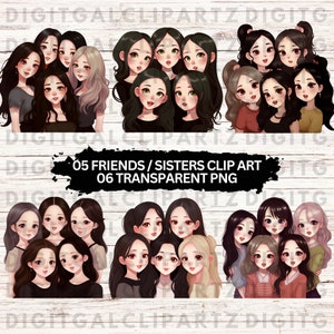 May include: Digital clip art featuring six cartoon girls with various hairstyles and outfits. The girls are smiling and looking at the camera. The image is set against a woodgrain background. 05 FRIENDS/SISTERS CLIP ART 06 TRANSPARENT PNG
