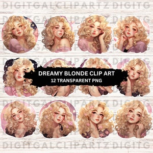 Dreamy Blonde Clip Art - 12 Transparent PNG files-Digital Download -  Journal Sticker Digital Planner Clip Art Kawaii Dream Girl - 1264